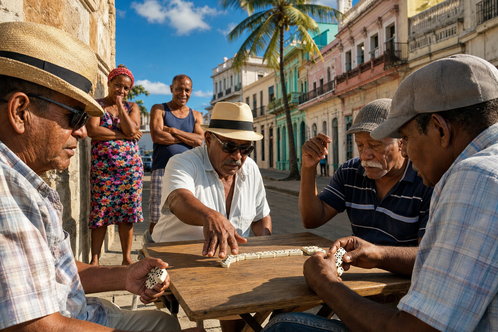 Partida de dominó en una calle de La Habana con vecinos mirando el juego
